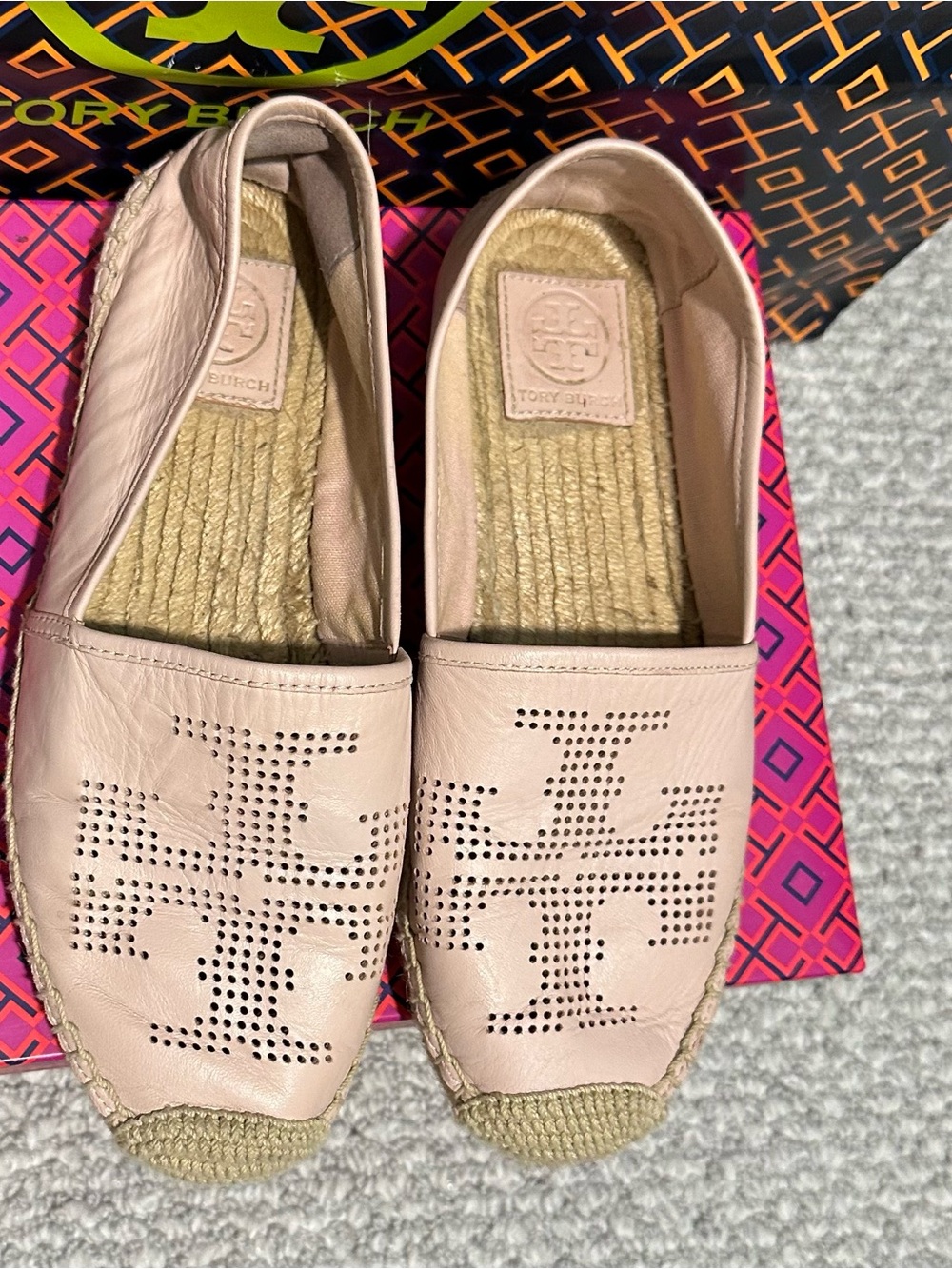 Tory Burch Pink Perforated Leather Espadrille Flats